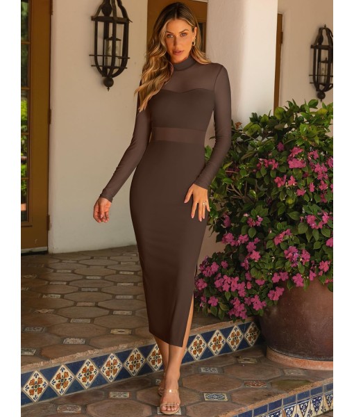 Caracilia Womens Mesh Dress Long Sleeve Mock Neck Bodycon Sheer Going Out Cocktail Night Club Midi Dresses 3 Piece Outfits