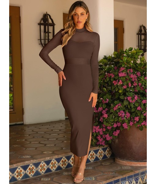 Caracilia Womens Mesh Dress Long Sleeve Mock Neck Bodycon Sheer Going Out Cocktail Night Club Midi Dresses 3 Piece Outfits