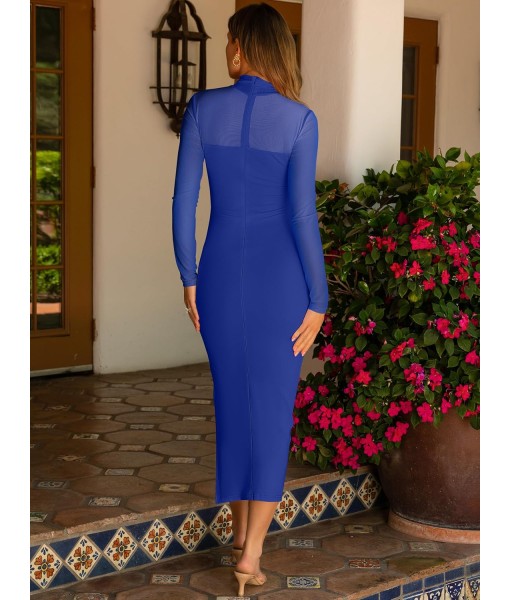 Caracilia Womens Mesh Dress Long Sleeve Mock Neck Bodycon Sheer Going Out Cocktail Night Club Midi Dresses 3 Piece Outfits