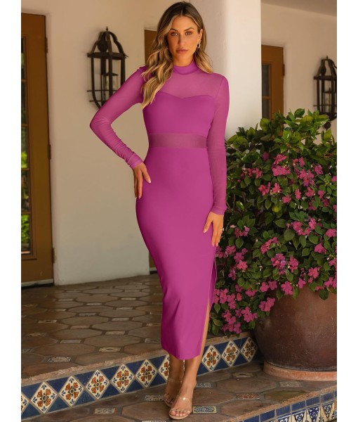 Caracilia Womens Mesh Dress Long Sleeve Mock Neck Bodycon Sheer Going Out Cocktail Night Club Midi Dresses 3 Piece Outfits