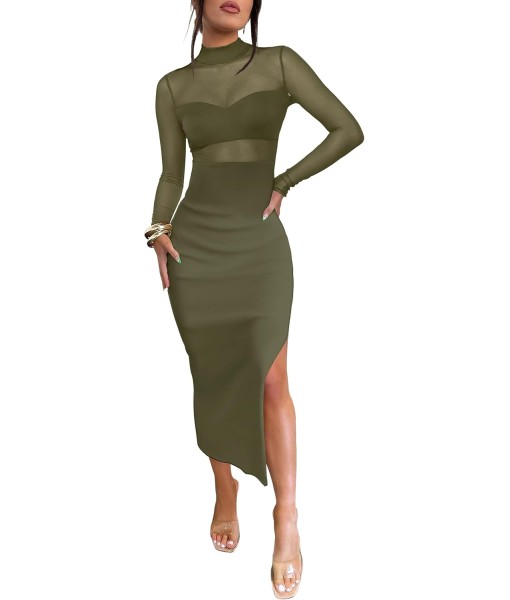 Caracilia Womens Mesh Dress Long Sleeve Mock Neck Bodycon Sheer Going Out Cocktail Night Club Midi Dresses 3 Piece Outfits