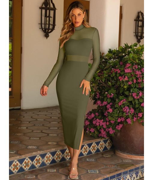 Caracilia Womens Mesh Dress Long Sleeve Mock Neck Bodycon Sheer Going Out Cocktail Night Club Midi Dresses 3 Piece Outfits