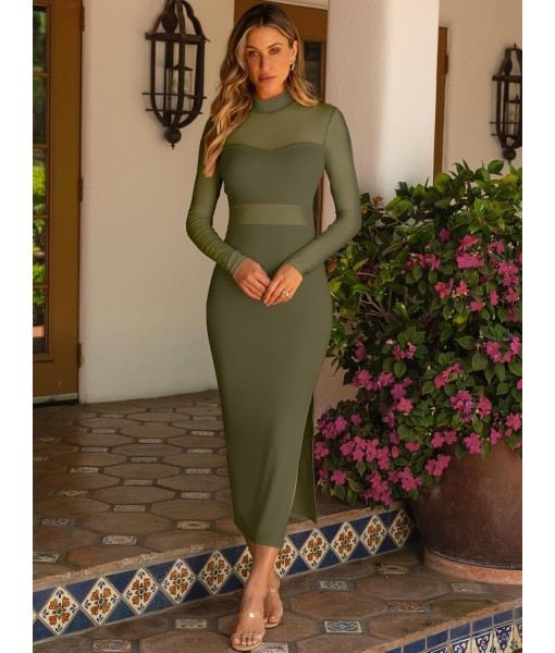 Caracilia Womens Mesh Dress Long Sleeve Mock Neck Bodycon Sheer Going Out Cocktail Night Club Midi Dresses 3 Piece Outfits