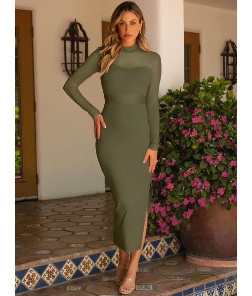 Caracilia Womens Mesh Dress Long Sleeve Mock Neck Bodycon Sheer Going Out Cocktail Night Club Midi Dresses 3 Piece Outfits
