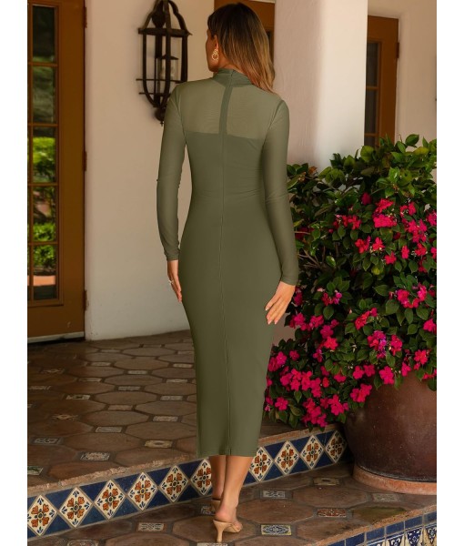 Caracilia Womens Mesh Dress Long Sleeve Mock Neck Bodycon Sheer Going Out Cocktail Night Club Midi Dresses 3 Piece Outfits