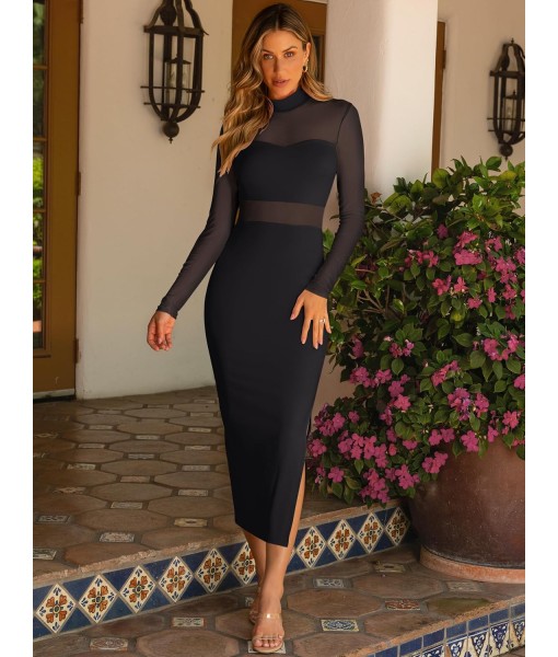 Caracilia Womens Mesh Dress Long Sleeve Mock Neck Bodycon Sheer Going Out Cocktail Night Club Midi Dresses 3 Piece Outfits