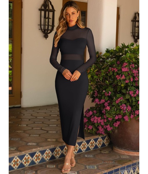 Caracilia Womens Mesh Dress Long Sleeve Mock Neck Bodycon Sheer Going Out Cocktail Night Club Midi Dresses 3 Piece Outfits