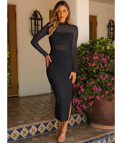 Caracilia Womens Mesh Dress Long Sleeve Mock Neck Bodycon Sheer Going Out Cocktail Night Club Midi Dresses 3 Piece Outfits
