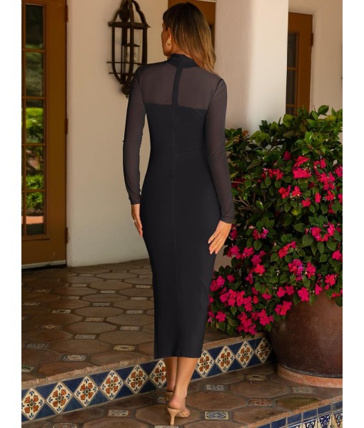 Caracilia Womens Mesh Dress Long Sleeve Mock Neck Bodycon Sheer Going Out Cocktail Night Club Midi Dresses 3 Piece Outfits