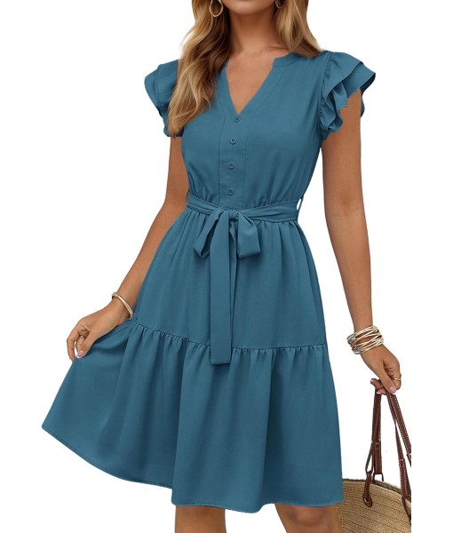 KIRUNDO Women Flutter Sleeve Summer Dress 2025 Spring V Neck Ruffle Flowy Tiered Knee Length Belted Beach Vacation Sundress