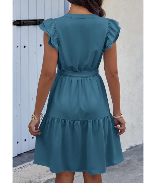 KIRUNDO Women Flutter Sleeve Summer Dress 2025 Spring V Neck Ruffle Flowy Tiered Knee Length Belted Beach Vacation Sundress