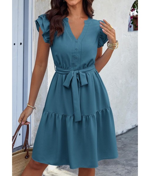 KIRUNDO Women Flutter Sleeve Summer Dress 2025 Spring V Neck Ruffle Flowy Tiered Knee Length Belted Beach Vacation Sundress