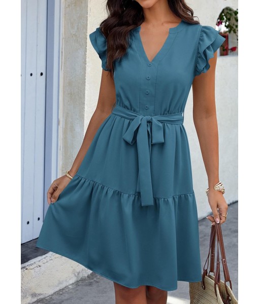 KIRUNDO Women Flutter Sleeve Summer Dress 2025 Spring V Neck Ruffle Flowy Tiered Knee Length Belted Beach Vacation Sundress