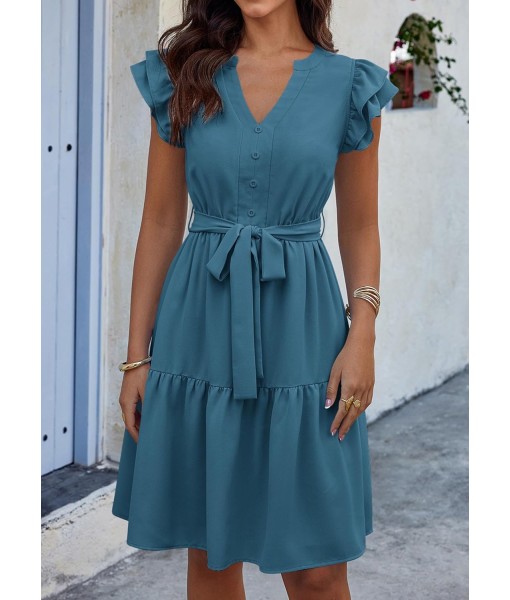 KIRUNDO Women Flutter Sleeve Summer Dress 2025 Spring V Neck Ruffle Flowy Tiered Knee Length Belted Beach Vacation Sundress