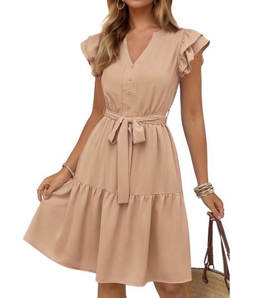KIRUNDO Women Flutter Sleeve Summer Dress 2025 Spring V Neck Ruffle Flowy Tiered Knee Length Belted Beach Vacation Sundress