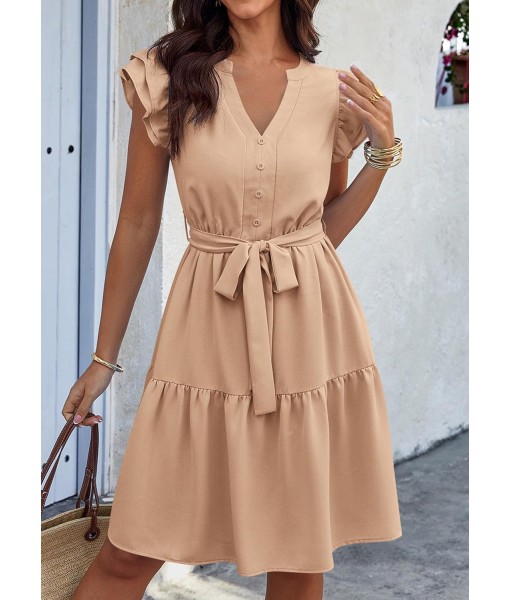 KIRUNDO Women Flutter Sleeve Summer Dress 2025 Spring V Neck Ruffle Flowy Tiered Knee Length Belted Beach Vacation Sundress