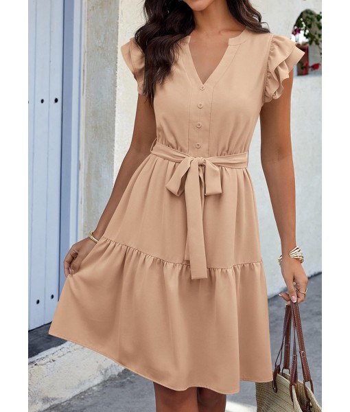 KIRUNDO Women Flutter Sleeve Summer Dress 2025 Spring V Neck Ruffle Flowy Tiered Knee Length Belted Beach Vacation Sundress