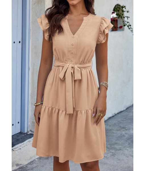 KIRUNDO Women Flutter Sleeve Summer Dress 2025 Spring V Neck Ruffle Flowy Tiered Knee Length Belted Beach Vacation Sundress