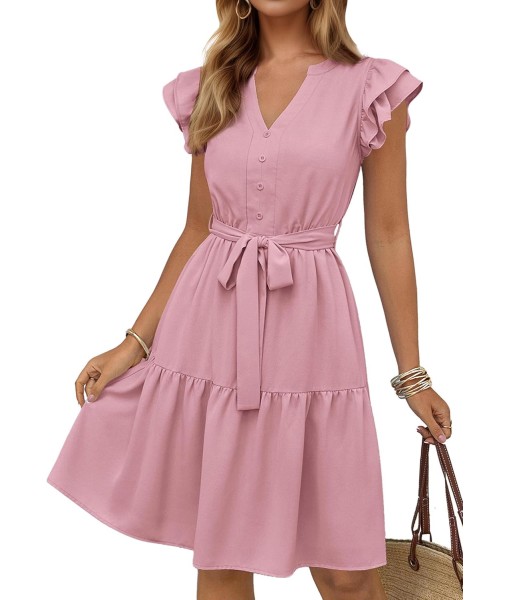 KIRUNDO Women Flutter Sleeve Summer Dress 2025 Spring V Neck Ruffle Flowy Tiered Knee Length Belted Beach Vacation Sundress