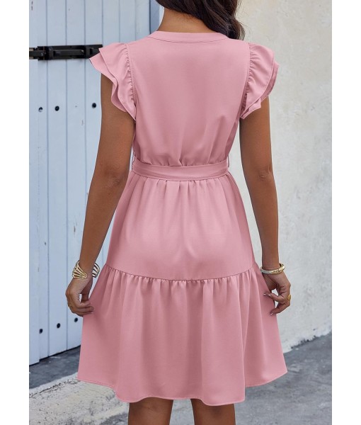 KIRUNDO Women Flutter Sleeve Summer Dress 2025 Spring V Neck Ruffle Flowy Tiered Knee Length Belted Beach Vacation Sundress