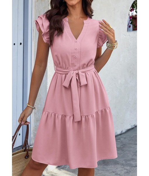 KIRUNDO Women Flutter Sleeve Summer Dress 2025 Spring V Neck Ruffle Flowy Tiered Knee Length Belted Beach Vacation Sundress