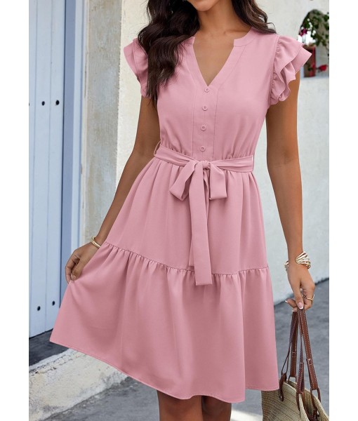 KIRUNDO Women Flutter Sleeve Summer Dress 2025 Spring V Neck Ruffle Flowy Tiered Knee Length Belted Beach Vacation Sundress