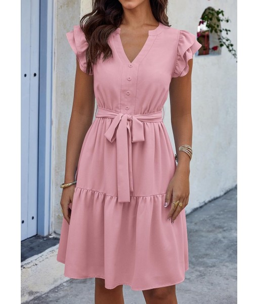 KIRUNDO Women Flutter Sleeve Summer Dress 2025 Spring V Neck Ruffle Flowy Tiered Knee Length Belted Beach Vacation Sundress