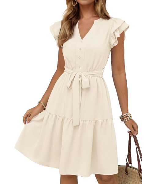 KIRUNDO Women Flutter Sleeve Summer Dress 2025 Spring V Neck Ruffle Flowy Tiered Knee Length Belted Beach Vacation Sundress