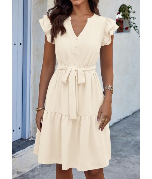 KIRUNDO Women Flutter Sleeve Summer Dress 2025 Spring V Neck Ruffle Flowy Tiered Knee Length Belted Beach Vacation Sundress