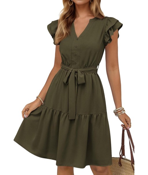KIRUNDO Women Flutter Sleeve Summer Dress 2025 Spring V Neck Ruffle Flowy Tiered Knee Length Belted Beach Vacation Sundress