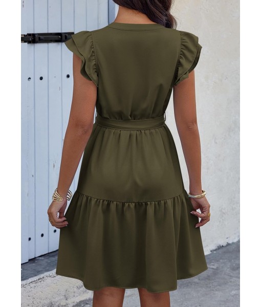 KIRUNDO Women Flutter Sleeve Summer Dress 2025 Spring V Neck Ruffle Flowy Tiered Knee Length Belted Beach Vacation Sundress