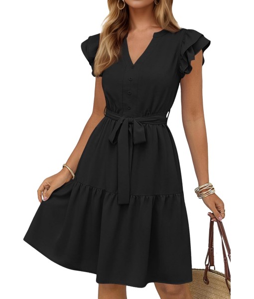 KIRUNDO Women Flutter Sleeve Summer Dress 2025 Spring V Neck Ruffle Flowy Tiered Knee Length Belted Beach Vacation Sundress