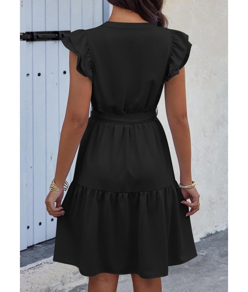 KIRUNDO Women Flutter Sleeve Summer Dress 2025 Spring V Neck Ruffle Flowy Tiered Knee Length Belted Beach Vacation Sundress