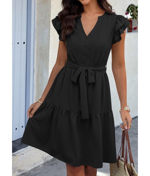 KIRUNDO Women Flutter Sleeve Summer Dress 2025 Spring V Neck Ruffle Flowy Tiered Knee Length Belted Beach Vacation Sundress