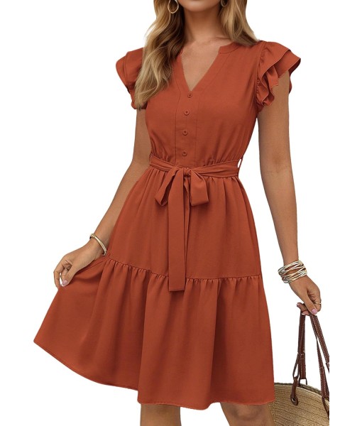 KIRUNDO Women Flutter Sleeve Summer Dress 2025 Spring V Neck Ruffle Flowy Tiered Knee Length Belted Beach Vacation Sundress