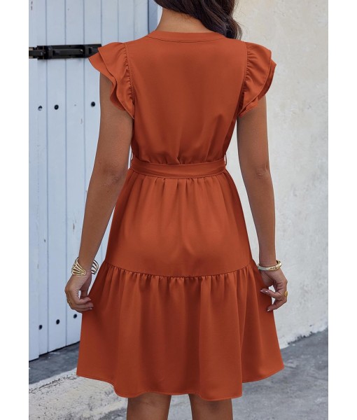 KIRUNDO Women Flutter Sleeve Summer Dress 2025 Spring V Neck Ruffle Flowy Tiered Knee Length Belted Beach Vacation Sundress