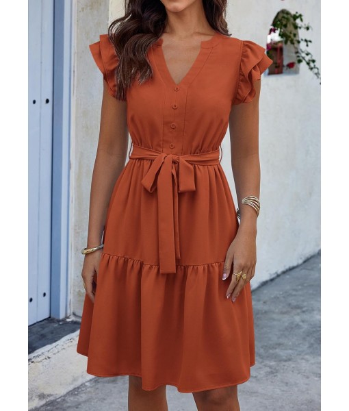KIRUNDO Women Flutter Sleeve Summer Dress 2025 Spring V Neck Ruffle Flowy Tiered Knee Length Belted Beach Vacation Sundress