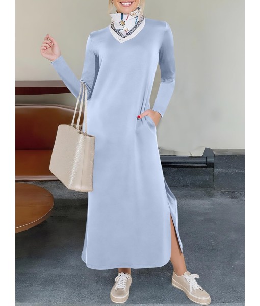 ANRABESS Women Long Sleeve Dresses 2025 Fall Casual Crewneck Loose Fit Split Flowy Wrinkle-Free Travel Vacation Maxi Dress