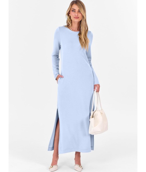 ANRABESS Women Long Sleeve Dresses 2025 Fall Casual Crewneck Loose Fit Split Flowy Wrinkle-Free Travel Vacation Maxi Dress