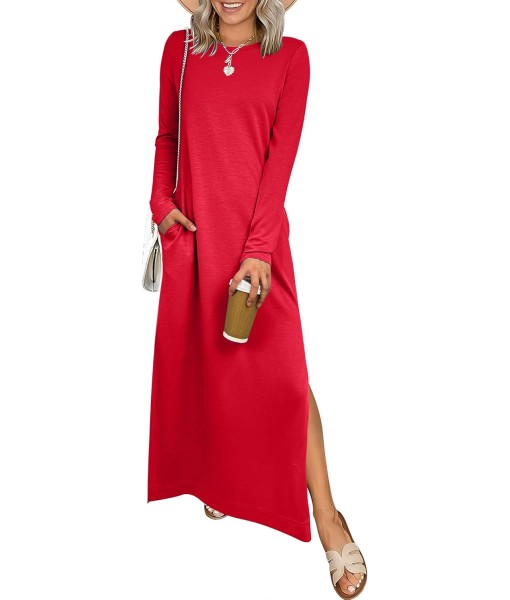ANRABESS Women Long Sleeve Dresses 2025 Fall Casual Crewneck Loose Fit Split Flowy Wrinkle-Free Travel Vacation Maxi Dress