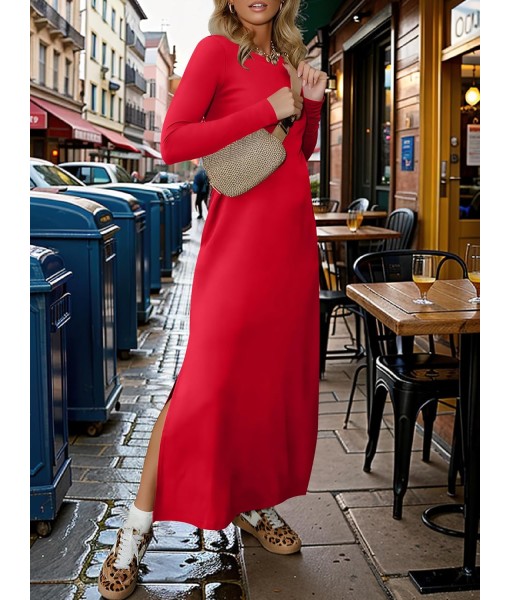 ANRABESS Women Long Sleeve Dresses 2025 Fall Casual Crewneck Loose Fit Split Flowy Wrinkle-Free Travel Vacation Maxi Dress