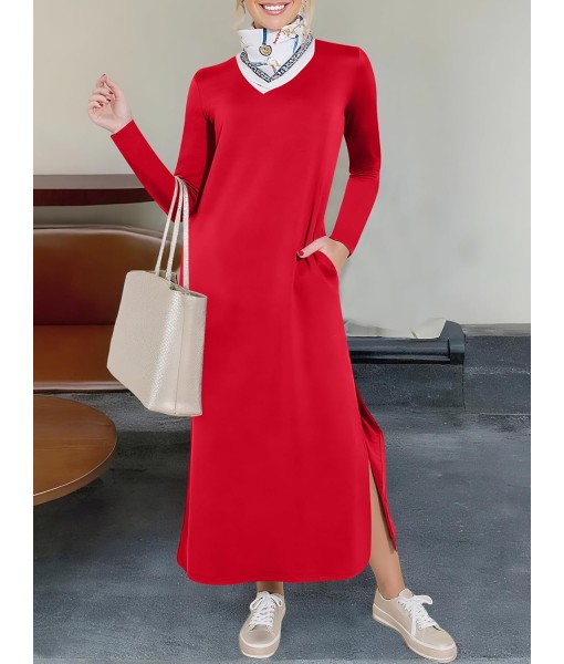 ANRABESS Women Long Sleeve Dresses 2025 Fall Casual Crewneck Loose Fit Split Flowy Wrinkle-Free Travel Vacation Maxi Dress