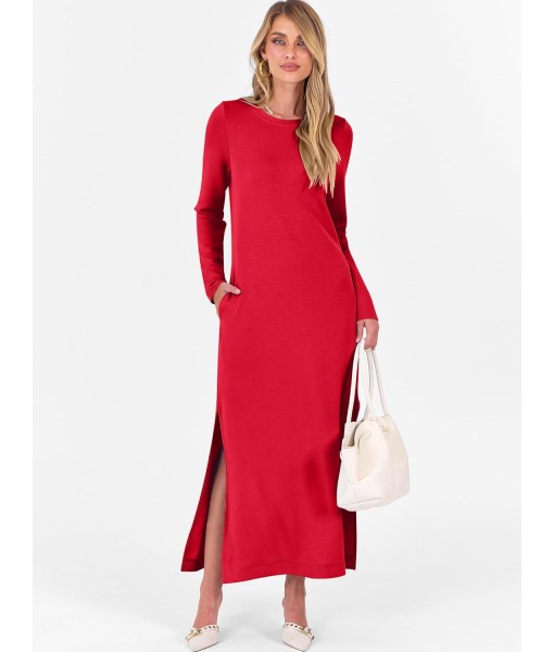 ANRABESS Women Long Sleeve Dresses 2025 Fall Casual Crewneck Loose Fit Split Flowy Wrinkle-Free Travel Vacation Maxi Dress