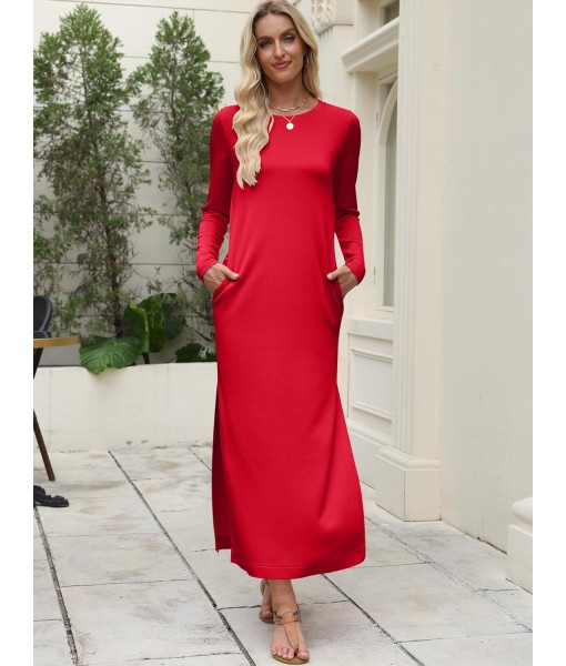 ANRABESS Women Long Sleeve Dresses 2025 Fall Casual Crewneck Loose Fit Split Flowy Wrinkle-Free Travel Vacation Maxi Dress