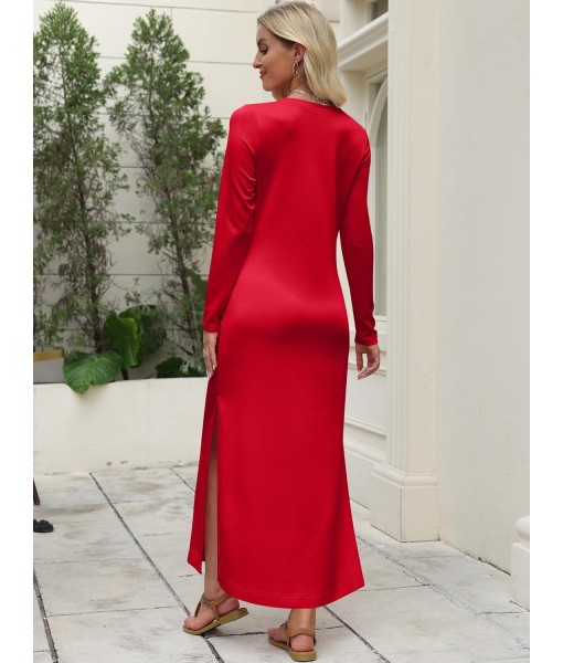 ANRABESS Women Long Sleeve Dresses 2025 Fall Casual Crewneck Loose Fit Split Flowy Wrinkle-Free Travel Vacation Maxi Dress