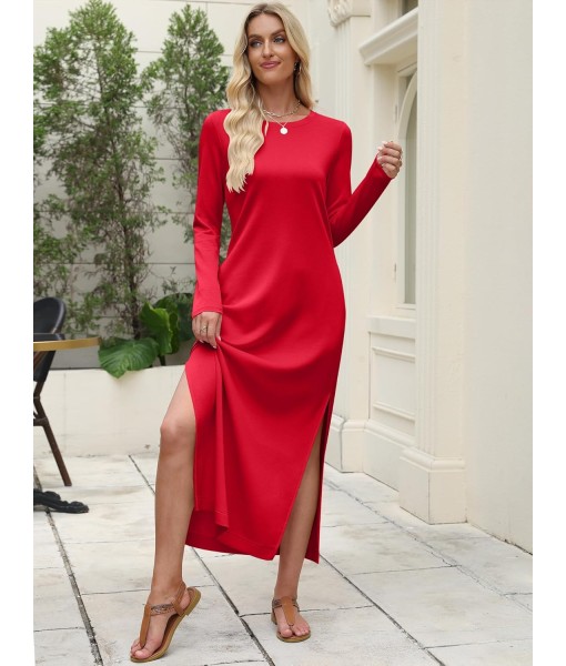 ANRABESS Women Long Sleeve Dresses 2025 Fall Casual Crewneck Loose Fit Split Flowy Wrinkle-Free Travel Vacation Maxi Dress
