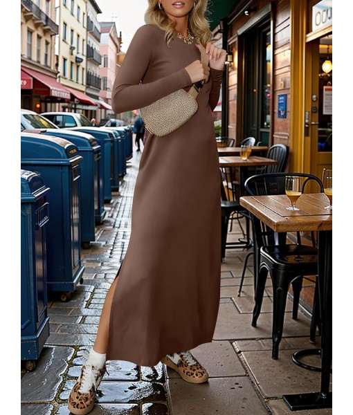 ANRABESS Women Long Sleeve Dresses 2025 Fall Casual Crewneck Loose Fit Split Flowy Wrinkle-Free Travel Vacation Maxi Dress
