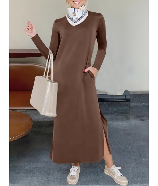 ANRABESS Women Long Sleeve Dresses 2025 Fall Casual Crewneck Loose Fit Split Flowy Wrinkle-Free Travel Vacation Maxi Dress