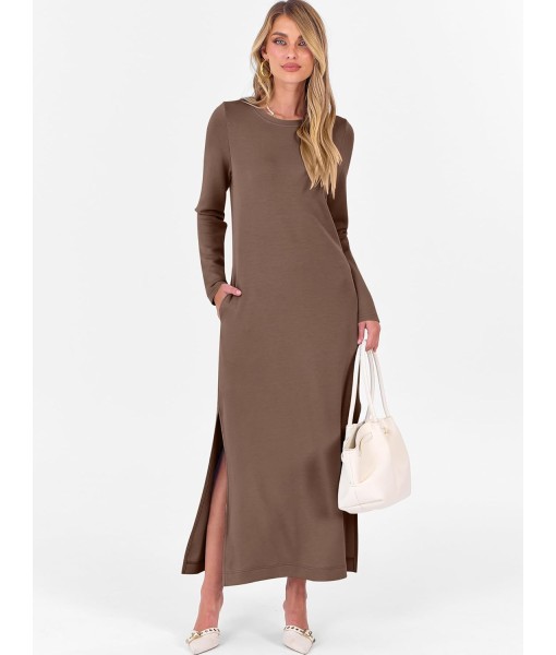 ANRABESS Women Long Sleeve Dresses 2025 Fall Casual Crewneck Loose Fit Split Flowy Wrinkle-Free Travel Vacation Maxi Dress