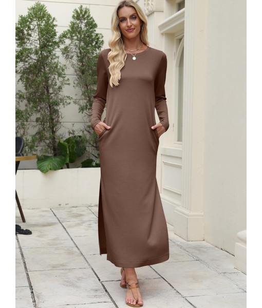 ANRABESS Women Long Sleeve Dresses 2025 Fall Casual Crewneck Loose Fit Split Flowy Wrinkle-Free Travel Vacation Maxi Dress